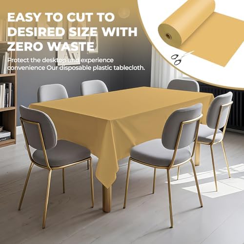 54 Inch X 300 Feet Plastic Table Cover Roll Premium Disposable Plastic Tablecloth for All Type/Shape Tables | Picnic, Party, Banquet, Birthdays, Weddings (Gold, 54 Inch X 300 Feet) - Image 4
