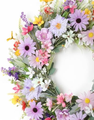 Spring Summer Wildflower Daisy Wreath for Front Door 18 Inch Artificial Colorful Flower Wreath for Indoor Outdoor Wall Festival Easter Home Farmhouse Wedding Decor - Image 4