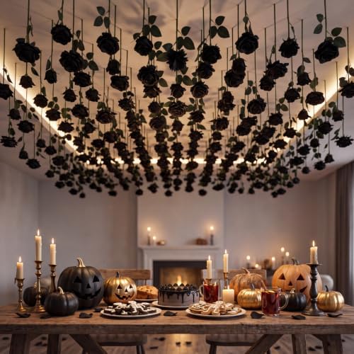 Lyrow 60 Pack Black Artificial Flower Hanging Ornaments Rose Floating Garland Gothic Halloween Moody Dark Wedding Victorian Goth Black Aesthetic Ceiling Garland Home Table Decor DIY Bouquet Craft by Lyrow