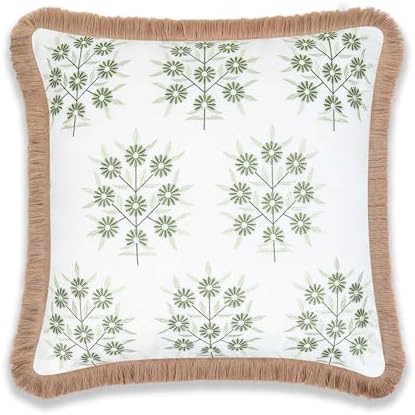 Hofdeco Premium Coastal Patio Indoor Outdoor Throw Pillow Cover Only, 20"x20" Water Repellent for Backyard, Couch, Green Embroidered Floral with Fringe (Pack of 2) - Image 6