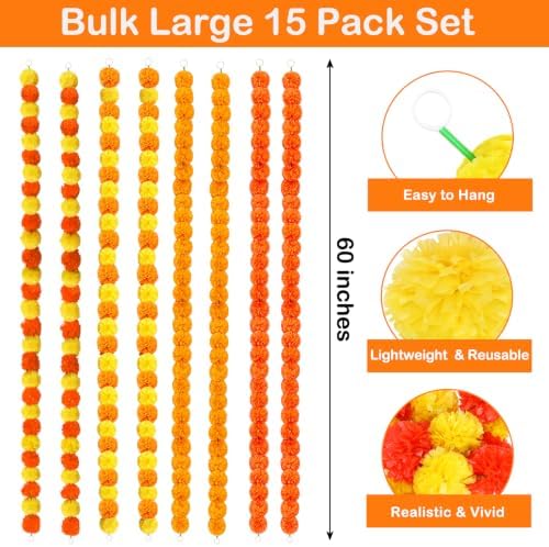 15 Pack of 5 FT Marigold Garland Decoration for Pooja & Diwali - Image 3