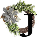 Monogram Initial Letter Wreaths for Front Door with Striped Linen Bow & Fake Green Grass on Grapevine Base Farmhouse Style Rustic Door Decor Spring Summer Green Wreath, J by VIVIANYO+HD