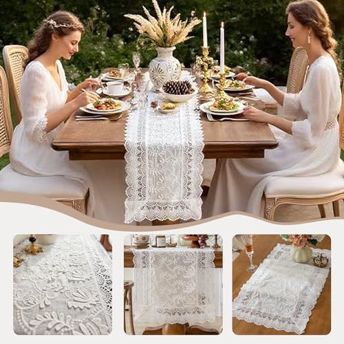 White Elegant Vintage Lace Table Runners,Wedding Lace Decor with Floral Embroidery,Tea Party Decor (White, 13.8X94.5 Inches) - Image 4