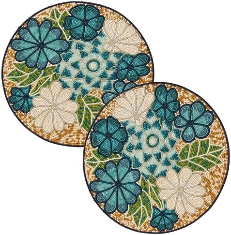 Beaded Placemats for Dining Table Teal Ivory Flower Design Set of 2-13 Inches Flower Beaded Placemats Round for Gathering, Christmas- Occasional Decoration by byHomeDecorativeProduct