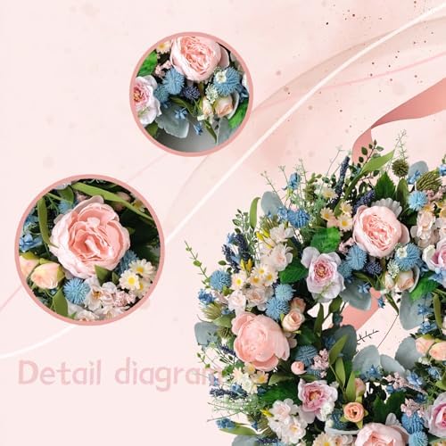 Spring Pink Peony Front Door Wreath 24-inch Flower Blue Wreath Indoor Outdoor Front Door Hallway Window Decoration Wedding Birthday Party Decoration（Pink - Image 4