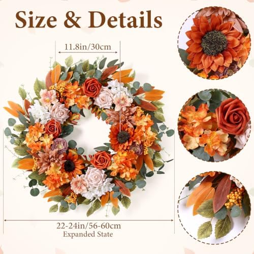 24 Inch Fall Wreaths for Front Door with Sunflowers Roses Autumn Home Decor - Image 3