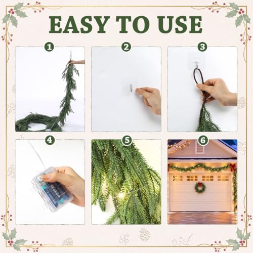 Unittype 15 ft Christmas Garage Door Decor Norfolk Pine Garland with Light - Image 4