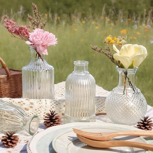 Glass Bud Vases Set of 12, Clear Small Vases for Flowers, Bulk Glass Vase for Centerpieces, Vintage Embossed Flower Vase for Wedding Table Decoration, Home, Cocktail Party - Image 2