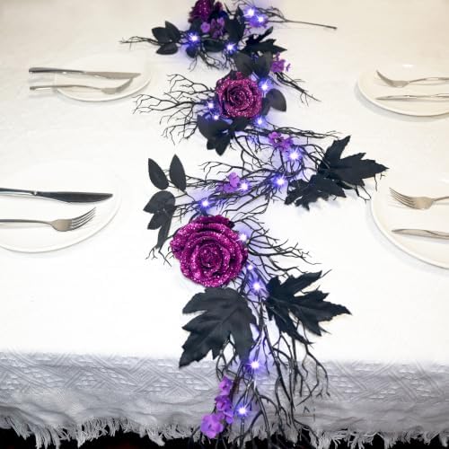 Halloween Garland 6FT Lighted Gothic Purple Glitter Rose Black Twig Vine with 8 Modes LED Lights, Auto Timer Battery Operated Artificial Floral Garland for Mantel Table Haunted House Halloween Decor by HamiFinee
