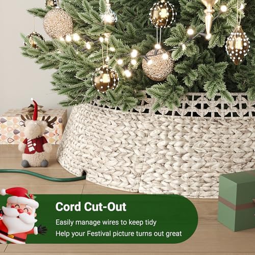 ELYKEN 42 Inch Woven Rattan Christmas Tree Collar, Stylish Seagrass & Water Hyacinth Xmas Tree Skirt for Artificial Trees, Wicker Tree Base Cover with Cord Cut-Out Farmhouse Tree Ring for Home Decor - Image 4