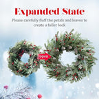 24 Inch Snow Flocked Christmas Wreath with Pine Cones & Red Berries - Image 3