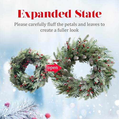 24 Inch Snow Flocked Christmas Wreath with Pine Cones & Red Berries - Image 3