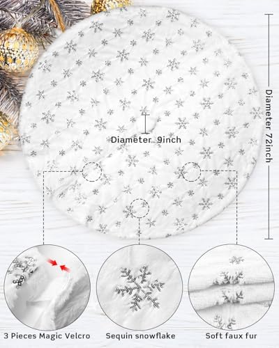 COOLWUFAN 72 Inches Faux Fur Christmas Tree Skirt, Silver Sequin Snowflake - Image 4