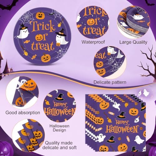 Funnymoom 218 Pcs Happy Halloween Party Decorations Purple Plates Serves 24 - Image 2