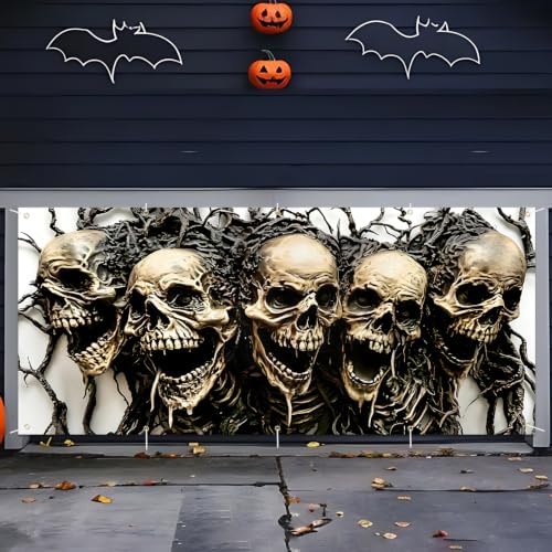 7 * 16FT Spooky Halloween Garage Door Cover Decorations Halloween Scary Skeleton Garage Door Banner for Outdoor Indoor Halloween Decorations Party Photography Backdrop - Image 2