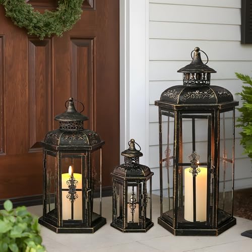 JHY DESIGN Set of 3 Decorative Candle Lanterns 20''&14"&10" H Outdoor Candle Lanterns Vintage Metal Cand leholder for Indoor Outdoor, Events, Parities and Weddings(Black with Gold Brush) by JHYDESIGN