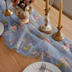 Blue Floral Table Runner 10ft Embroidery Wildflower, 10 Pcs - Image 3