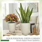 9.5 Inch Flower Pots for Indoor Plants,Ceramic Planter with Saucer Drainage Leak-Proof Mesh Gardening Gloves(Silk-White) - Image 2