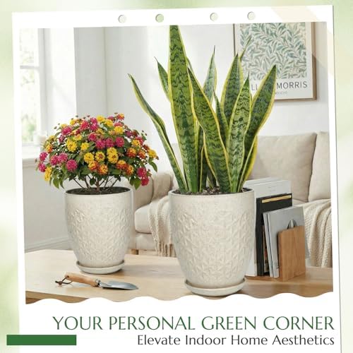 11.8 Inch Flower Pots for Indoor Plants,Ceramic Planter with Saucer Drainage Leak-Proof Mesh Gardening Gloves (Silk-White) - Image 2