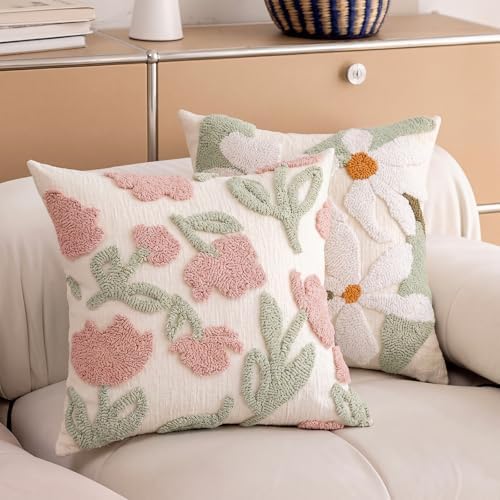 Summer Daisy Throw Pillow Covers 18x18 Inch Set of 2, Chenille Embroidered Pillowcase with 3D Tufted White Flowers Sage Green Leaves, Boho Decorative Cushion Covers for Couch Sofa Bed - Image 6