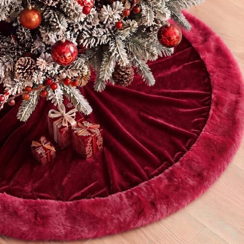 Skylety 48" Velvet Christmas Tree Skirt with Faux Fur Trim,Red by Skylety
