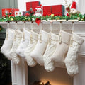 8 Pcs Rustic Christmas Stockings Set, 18" & 20" Large Farmhouse Boho White Cream Cable Knit Xmas Stockings Bulk, Modern with Plush Faux Fur Name Tags for Family Holiday Decor by Qinhenes