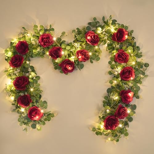 Dolicer 2Pcs 13Ft Artificial Eucalyptus Garlands with Flowers - 8 Roses, Faux Floral Greenery Garlands with 13Ft String Lights Fake Flowers Vines for Wedding Table Centerpieces Arch Party Decor (Red) by DolicerLANDSCAPEQ