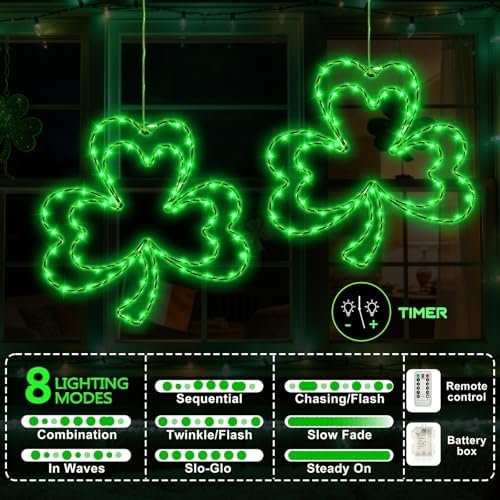 2 Pcs Light Up Shamrock for Window, 13'' Shamrocks Windows Lights St Patricks Day Window Decor Shamrock Lights Battery Operated with Timer & 8 Modes, Clover Decor Green Light for St Patricks - Image 3