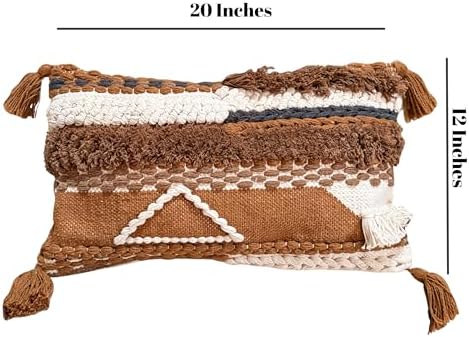 Decorative Throw Pillow Cover 12x20 Knitted Lumbar Pillow Tufted Accent with Tassels for Couch Bed Sofa Cotton Wool Woven Boho Handwoven Pillow (Neutral/Earth Tone) - Image 5