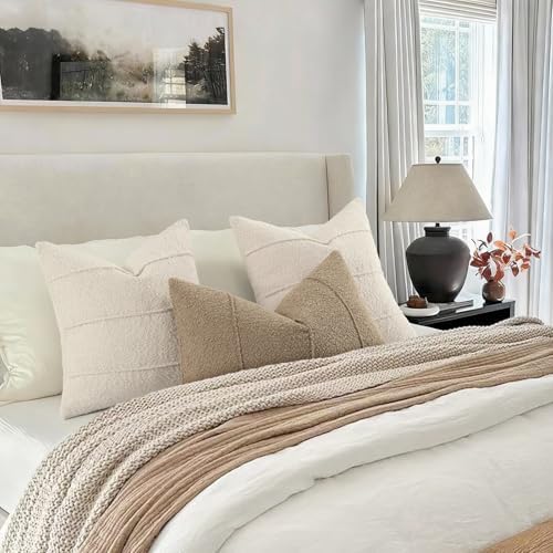 YCOLL Textured Boucle Throw Pillow Covers 24x24 Pack of 2 - Soft Neutral Striped Cushion Covers, Cozy Accent Decorative Pillow Covers for Couch, Sofa, Bed, Living Room (Beige) - Image 4