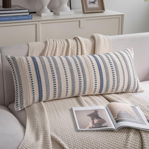 Cethom Blue Boho Lumbar Pillow Covers 14x36 Long, Stripe Textured Decorative Couch Pillow Cases for Bed, Sofa, Living Room, Bedroom, Farmhouse Home Accent Cushion Covers, Pack of 1 by Cethom