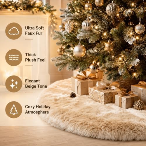 AOGU 48 Inch Faux Fur Christmas Tree Skirt Beige Plush Skirt for Merry Christmas Party Christmas Tree Decoration - Image 6