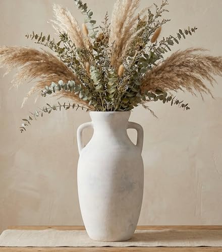 Ceramic Flower Vase with Handles, Neutral Tall Clay Decorative Terracotta Vases Farmhouse Table Vases Living Room Decor Rustic Pottery Pots for Home Shelf Coffee Dining Desk (A-12 h-Antique Beige) by dreamloom