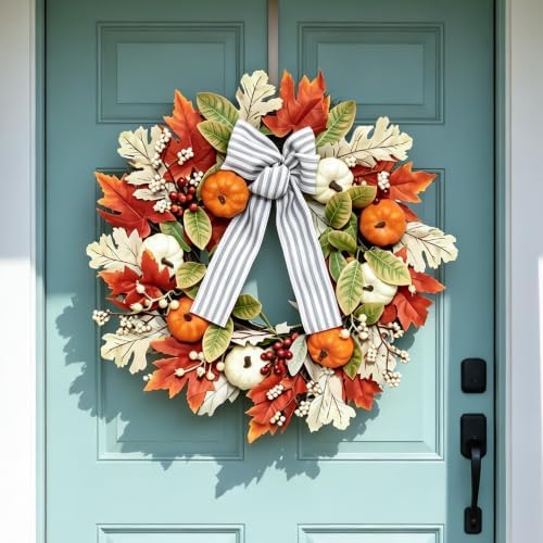 24 Inch Fall Wreaths for Front Door,Home Decor for Farmhouse Off White - Image 5