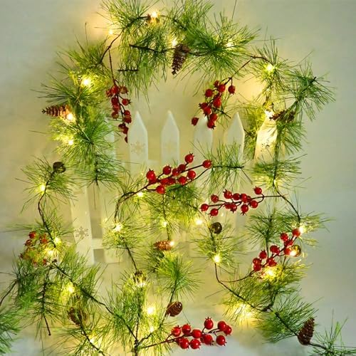 ChiRee Christmas Garlands 6.56FT 30 LED Smokey Pine Garlands with Lights Battery Operated Pine Cone Garland with Red Berry Bells Green Garland Christmas Decorations for Xmas Holiday Indoor Outdoor by ChiRee