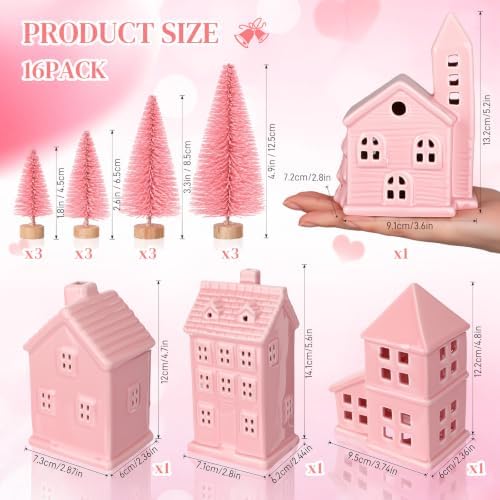 Suclain 16Pcs Christmas Ceramic Village Houses with Tree, Stylish, Pink - Image 2