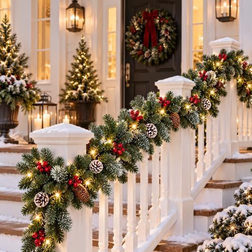 9FT Christmas Garland with Lights, Pre-Lit Lighted Christmas Decorations for Mantle Fireplace Table Stairs,Winter Indoor Outdoor Xmas Home Decor,Realistic Cedar Pine Garlands with Pinecone Berries - Image 7