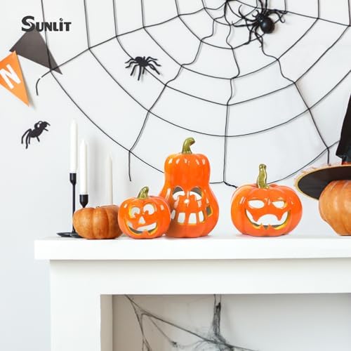 Sunlit Ceramic Pumpkin with 3 Tea Lights, Jack O Lantern Candle Holder Set of 3, Tabletop Indoor Halloween Decorations for Holiday Party Home - Image 6
