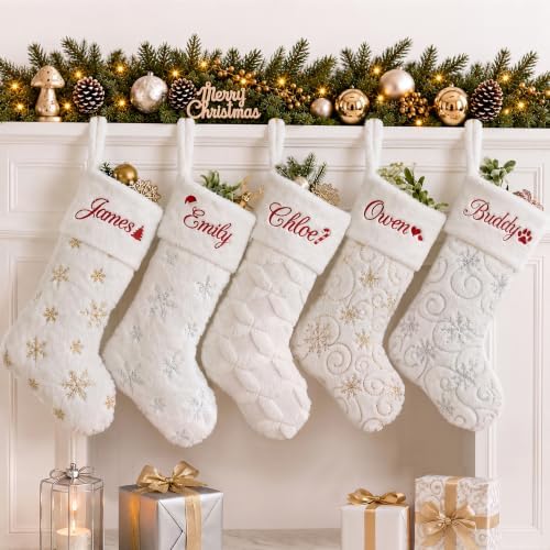 CARAKNOTS Personalized Christmas Stockings with Names 5 Pack White Faux Fur by CARAKNOTS