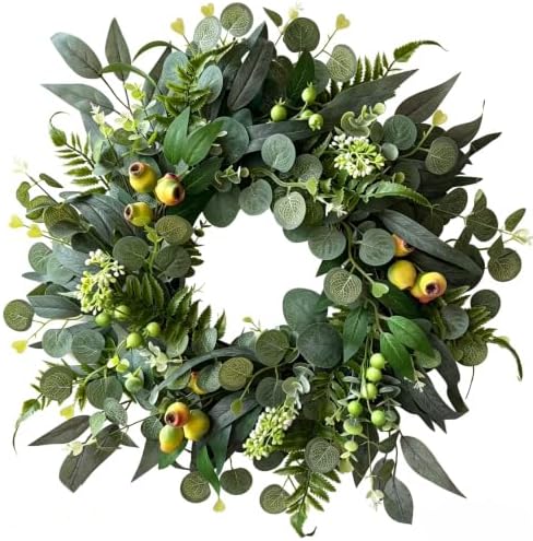 Hiptree 18 Inch Spring Eucalyptus Wreath for Front Door-Artificial Summer Greenery Wreaths Indoor Outdoor Decorations, Farmhouse Wall Decor-Fall, Winter,Easter,Green All Year Round,DIY Wreaths by HipTree