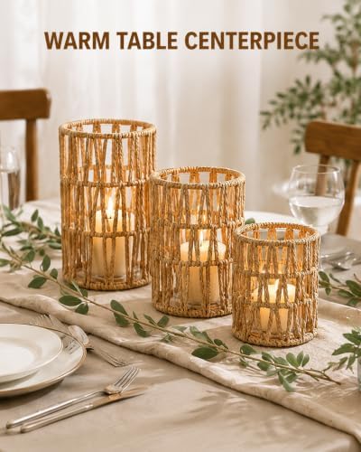 Baluue Rattan Hurricane Candle Holders Set of 3 Wicker Boho Lanterns - Image 3