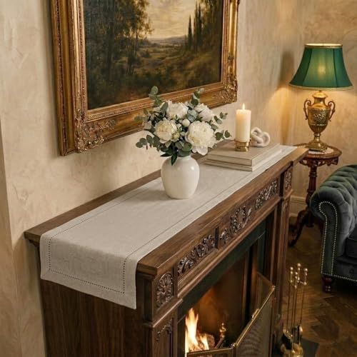 Signature Linen™ by D'Moksha, Natural Table Runner 60 Inches, 100% Pure Linen, Hemstitch, Coffee Table Runner, 14 x 60 Inch for Dresser Tables- Fall, Weddings, Outdoor Hosting by DMokshaHomes