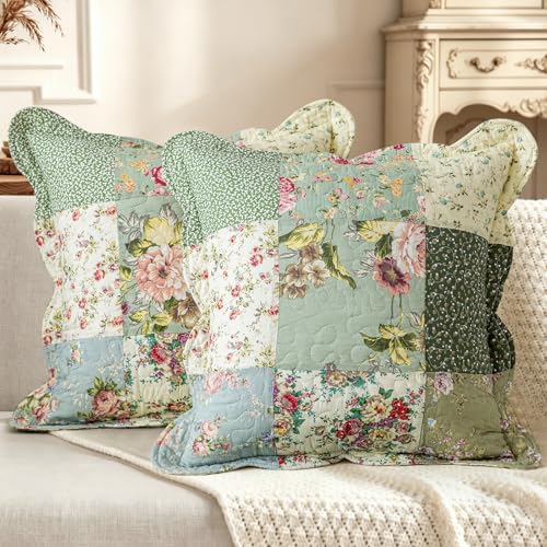 vctops Set of 2 Patchwork Cotton Quilted Decorative Square Throw Pillow Covers with Scalloped Floral Pattern Soft Cushion Case for Couch Sofa Bed (Green B,18"x18") by vctops