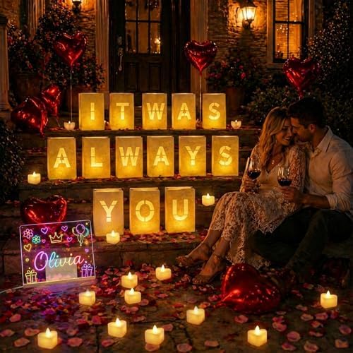 It Was Always You Happy Anniversary Decorations - Luminary Bags with LED Message Board & Stand, 5 Pens, 30 Heart Tea Lights, 10 Balloons and 2000 Rose Petals, Romantic Proposal Valentines Day Decor - Image 4