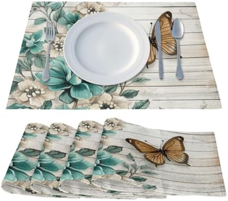 Vintage Flower Butterfly Wooden Floral Placemats Set of 6 Decorative Dinner Place Mats Washable Table Mat for Gifts, Holiday, Birthday Party, Wedding & Dining - Image 2
