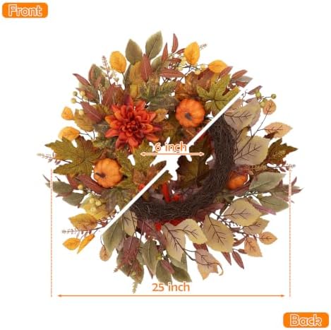 Fall Wreath for Front Door, 25inch Autumn Door Wreath with Pumpkin, Dahlia, Berries, Eucalyptus Leaves for Indoor Outdoor Wall Window Thanksgiving Harvest Festival - Image 6