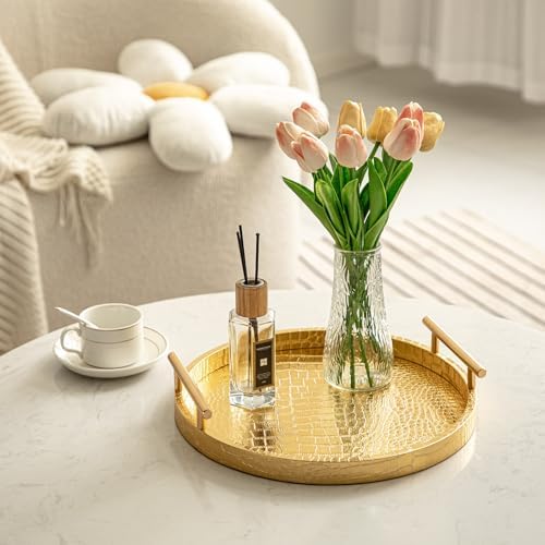Modern Decorative Tray Set of 2, Wooden Round Crocodile Leather Tray with Polished Metal Handles, Decorative Serving Trays Coffee Table Trays Ottoman Platter for Home Decor (Golden) - Image 5