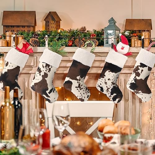 6 Pcs 20 Inch Christmas Cow Print Stockings, White, Cow Print Style - Image 5