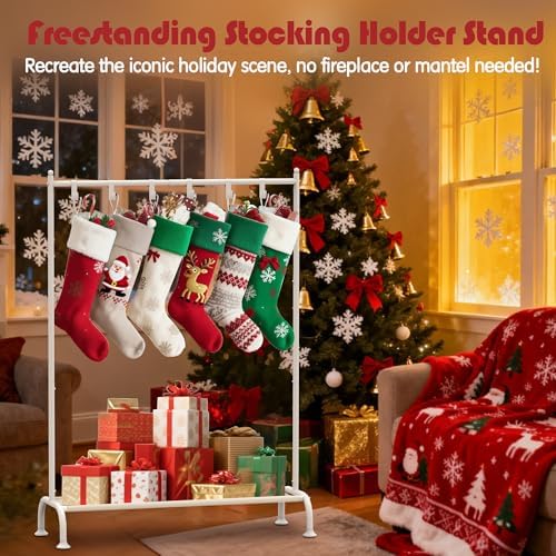 GloTika Christmas Stocking Holder Stand with Shelf, 8-Hook, Metal - Image 2