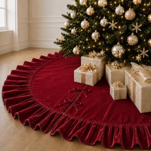Christmas Tree Skirt,Velvet Tree Skirt with Ruffled Edge, Classic Large Velvet Fur Plush Tree Skirt for Merry Christmas(WineRed,60Inch) by DegGod